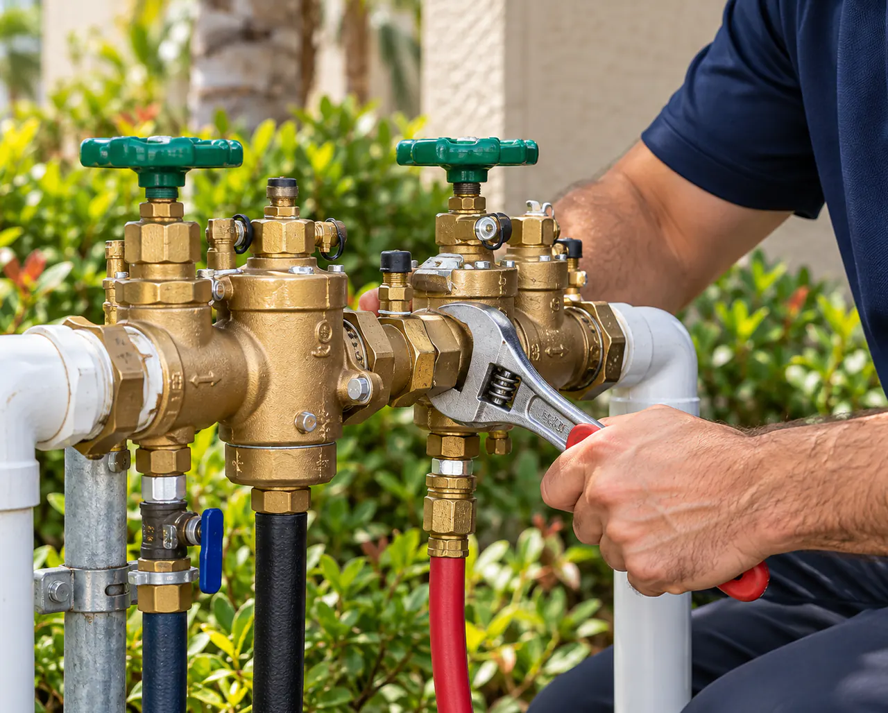 Technician repairing a backflow preventer with a wrench