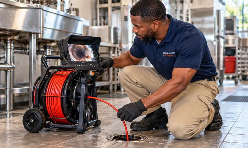 Plumber running a drain camera in a commercial kitchen