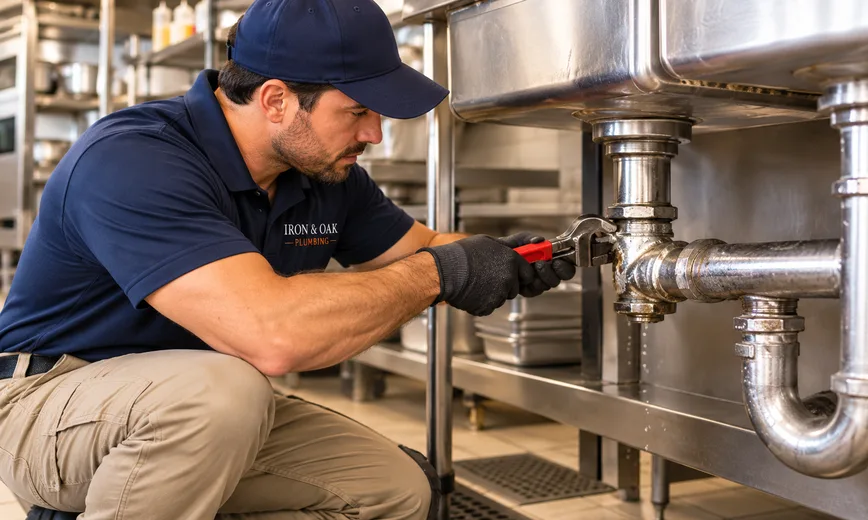 Plumber repairing pipes in a commercial kitchen