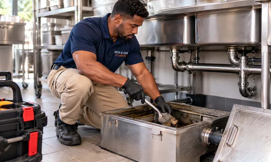 Plumber servicing a grease trap