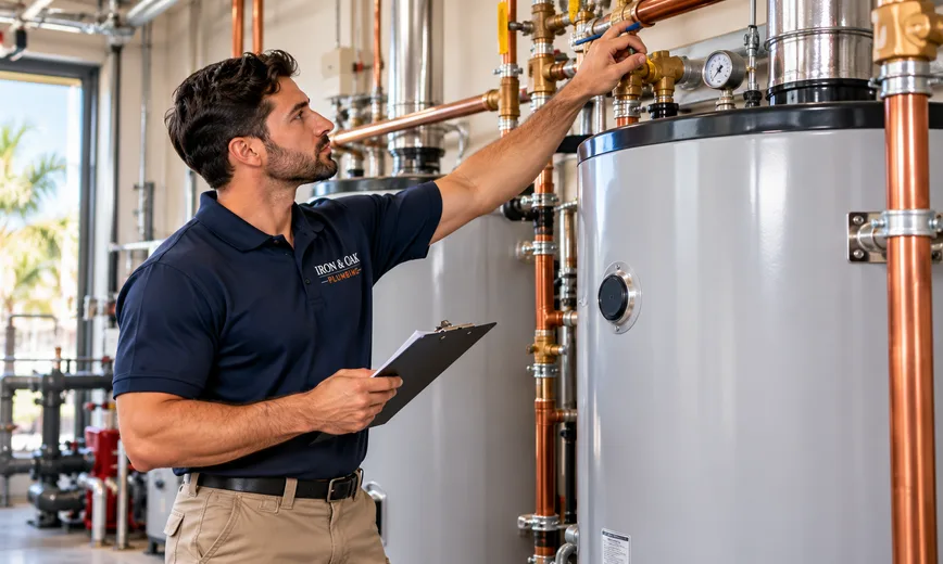 Plumber inspecting a commercial water heater