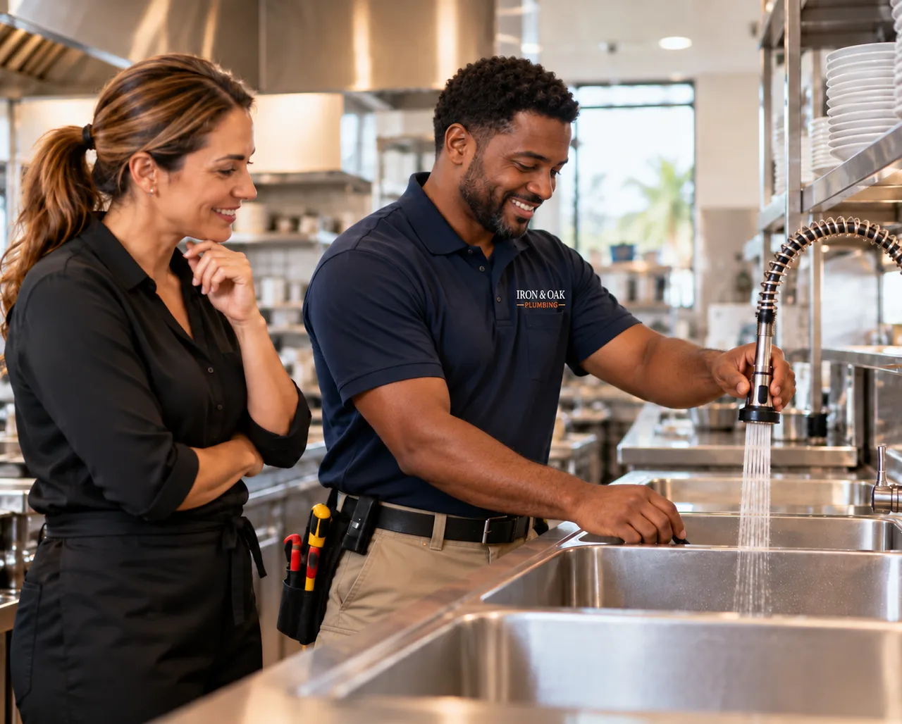 Iron & Oak plumber finishing a sink repair in a commercial kitchen