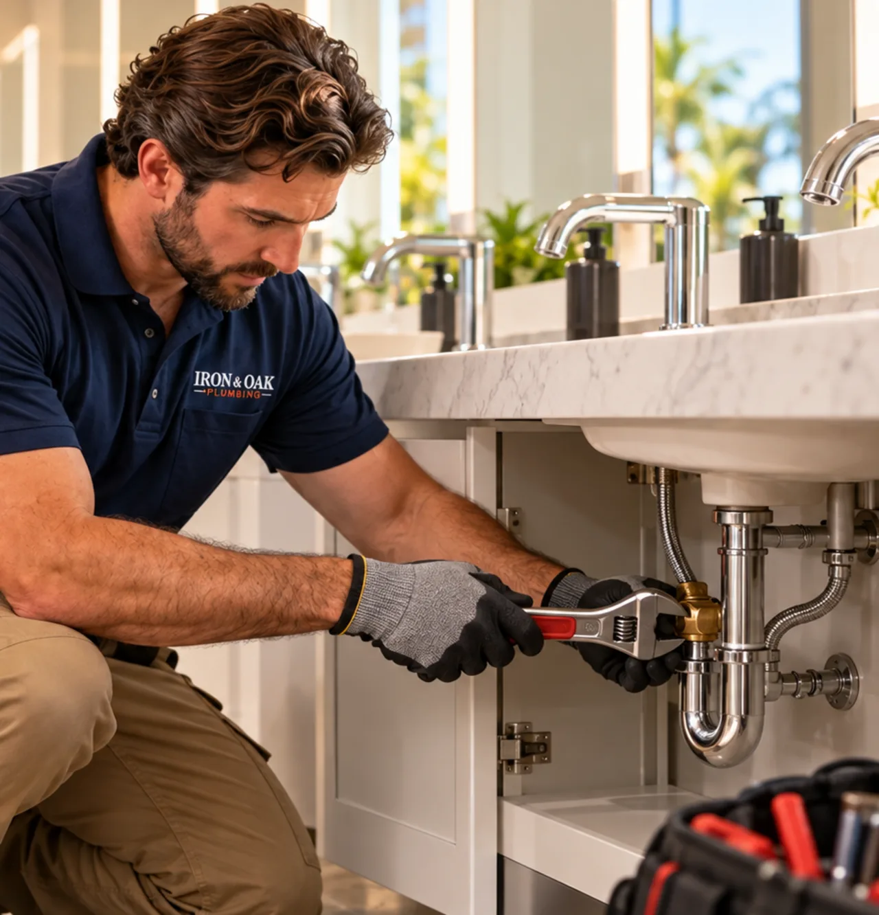 Iron & Oak plumber repairing pipes under a kitchen sink