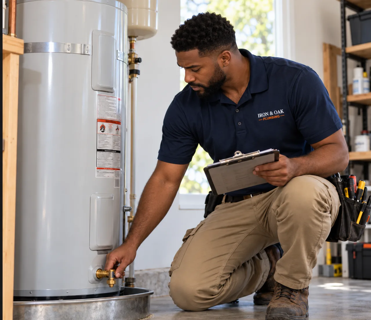 Plumber checking a tank water heater with a checklist