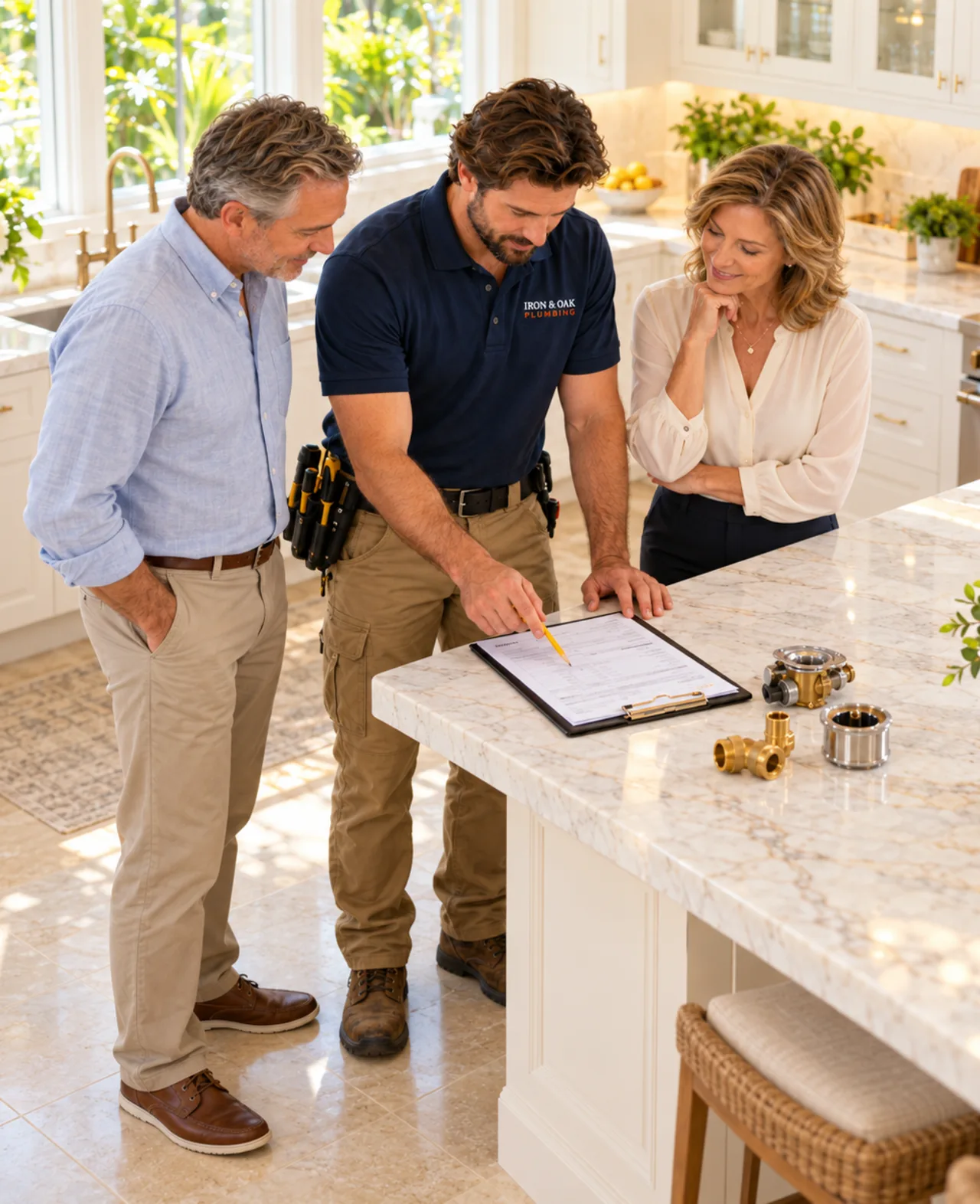 Iron & Oak plumber walking a couple through a written estimate