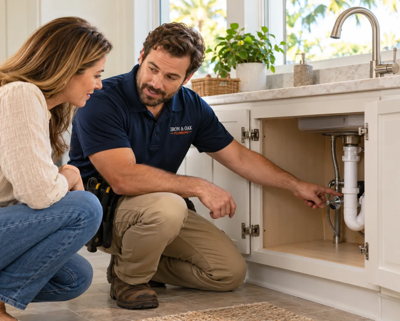 Iron & Oak plumber showing a homeowner a shutoff valve under the sink