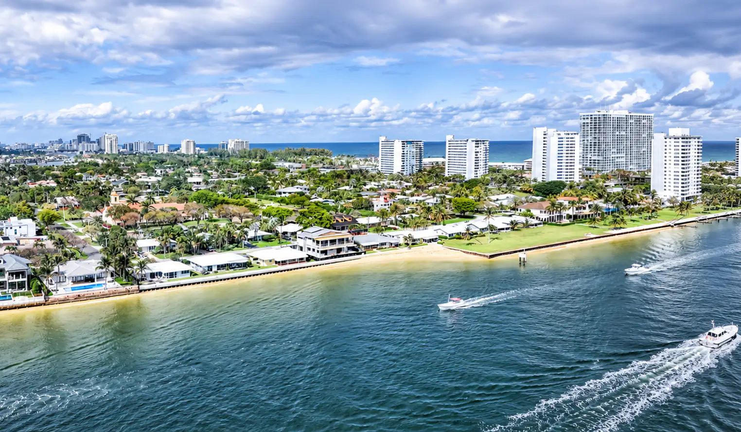 Aerial view of a South Florida waterfront neighborhood