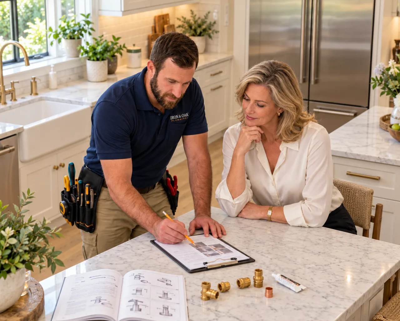 Iron & Oak plumber going over a written estimate with a homeowner at the kitchen counter