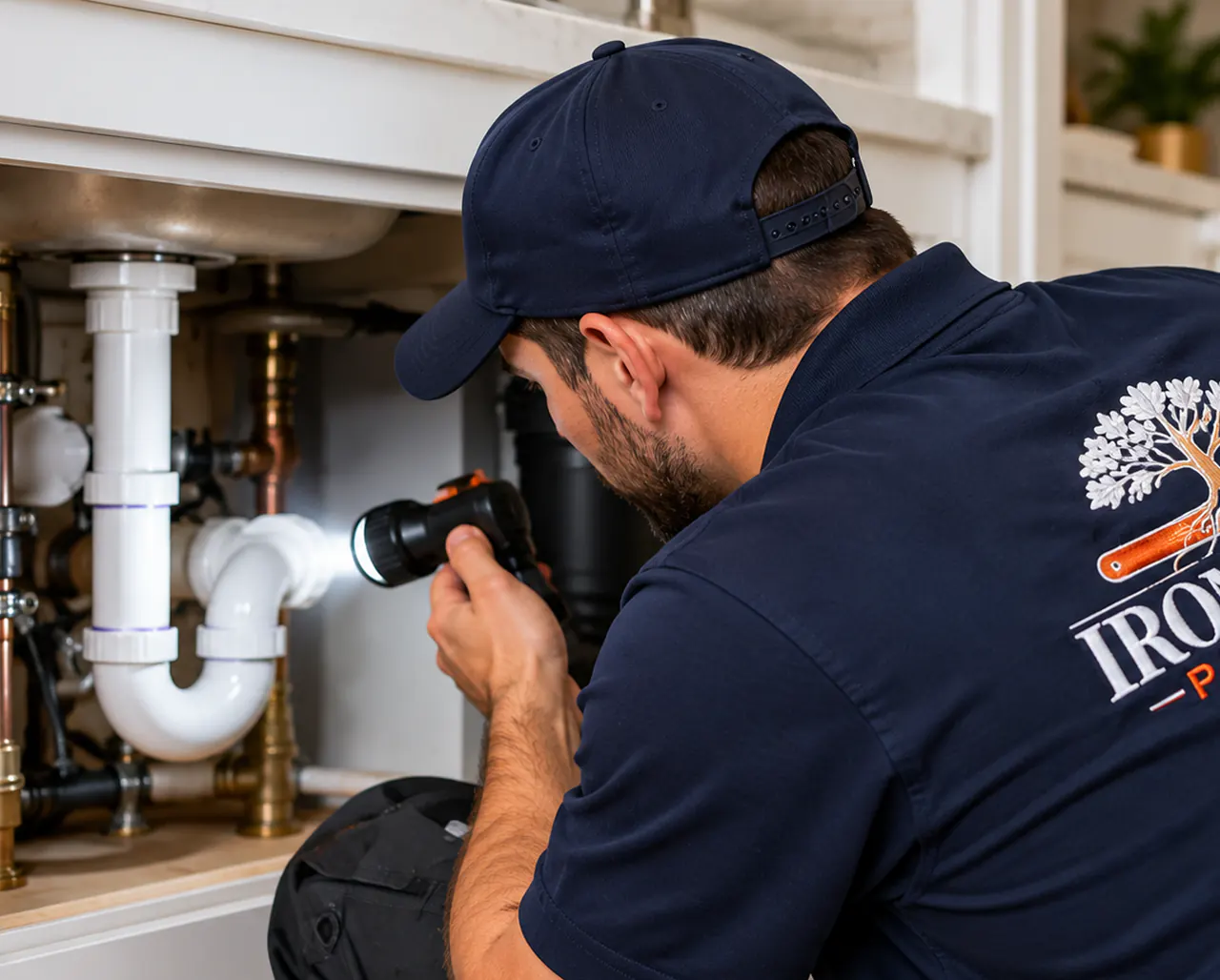 Iron & Oak plumber inspecting the pipes under a sink