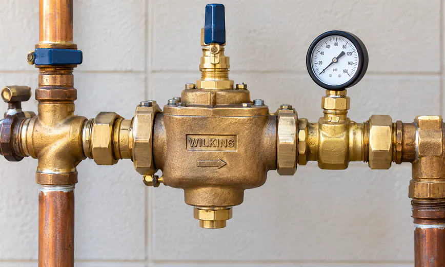 Brass backflow prevention assembly with a pressure gauge