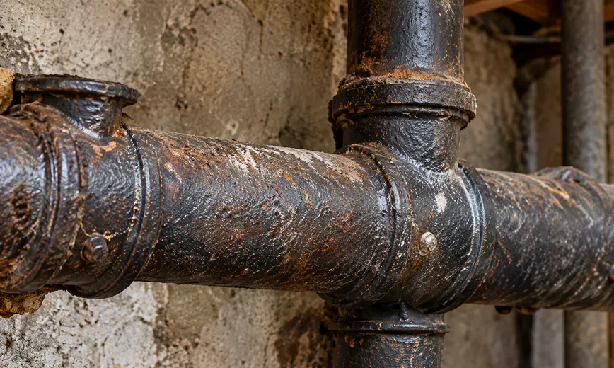 Corroded cast iron drain pipe