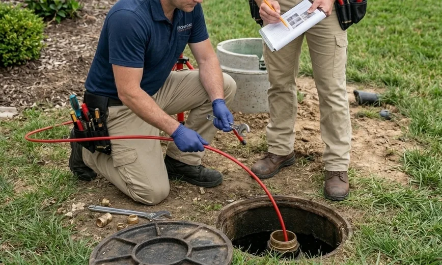 Plumbers clearing a drain line in a yard
