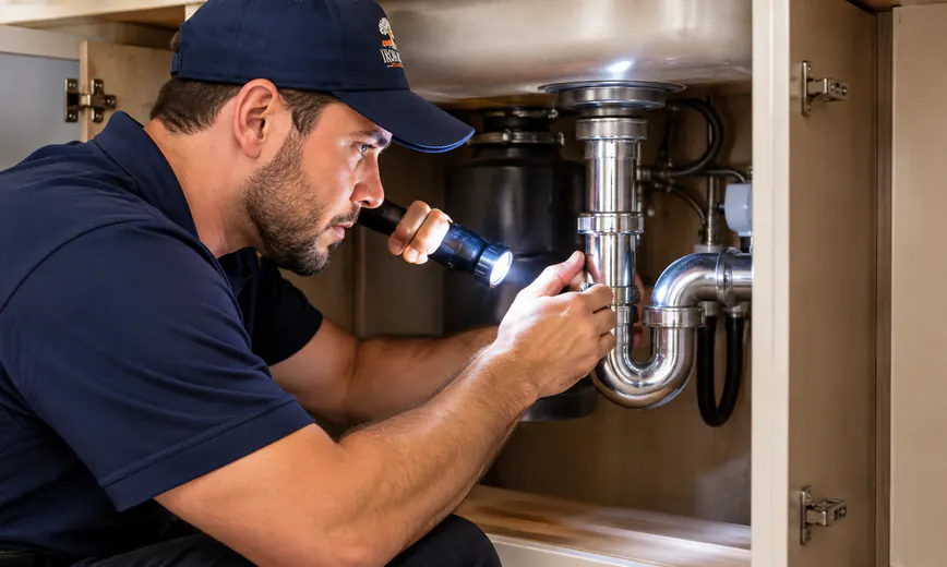 Plumber checking the pipes under a sink with a flashlight