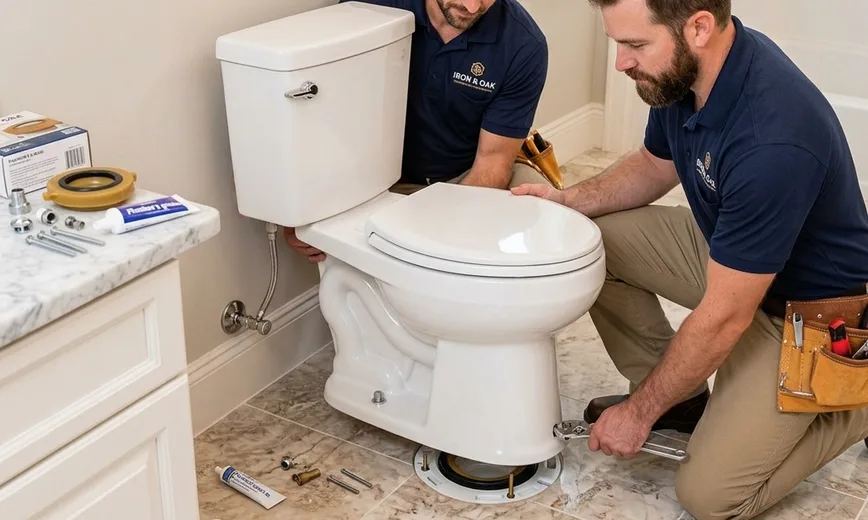 Plumbers installing a new toilet