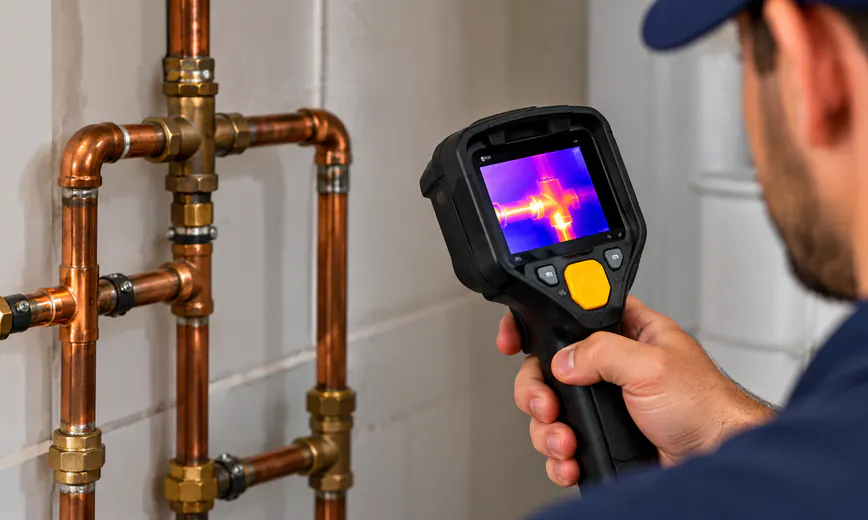 Plumber using a thermal camera to find a leak behind copper pipes