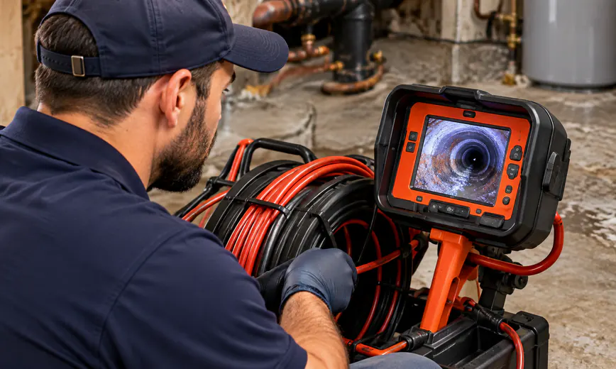 Plumber running a sewer camera inspection