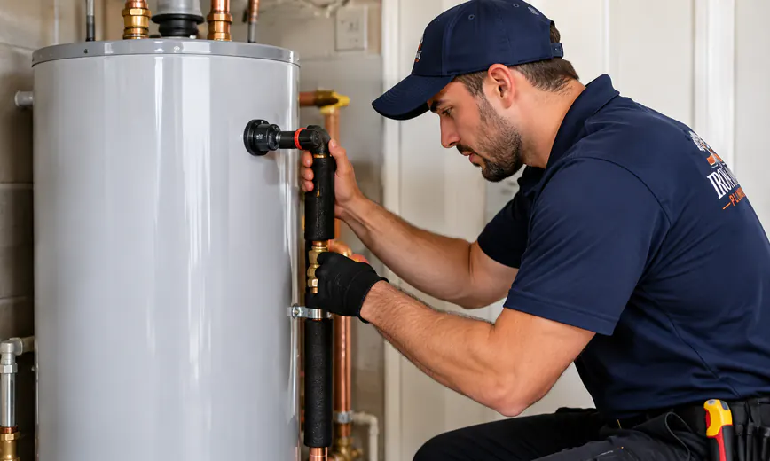 Plumber servicing a tank water heater
