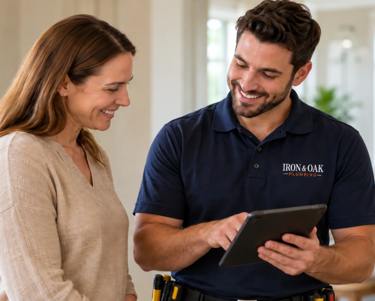 Iron & Oak plumber showing a homeowner the finished work on a tablet