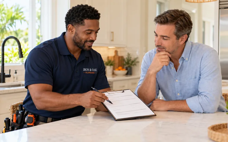 Plumber reviewing an upfront price with a homeowner