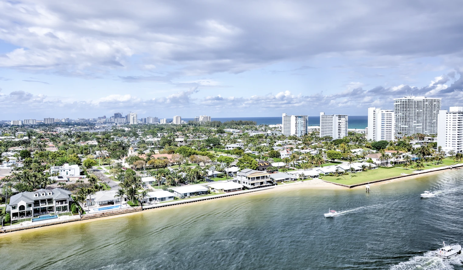 Aerial view of a South Florida waterfront neighborhood