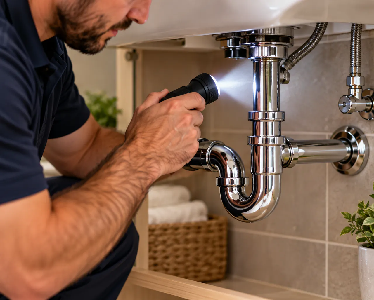 Plumber inspecting a chrome drain trap with a flashlight
